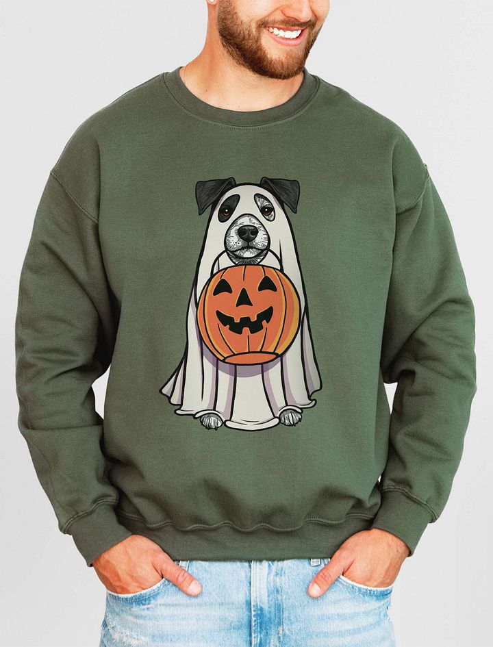 Funny Halloween Jack Russell Terrier(Black & White) Sweatshirt | Funny JRT Wearing a Ghost Costume and Holding a Pumpkin Basket product image (11)