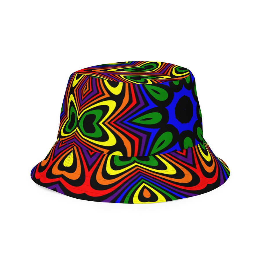 Reverisble Rainbow Bucket Hat, Queer Pride Stars Hearts Psychedelic Art Accessory product image (5)