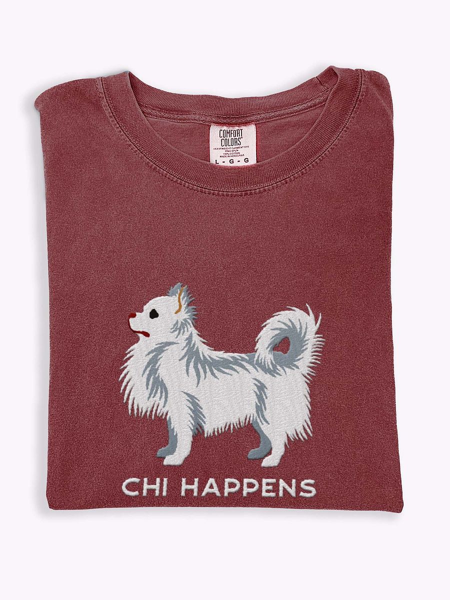 Chi Happens T-Shirt(Embroidered) of a Longhaired Chihuahua(White) product image (1)