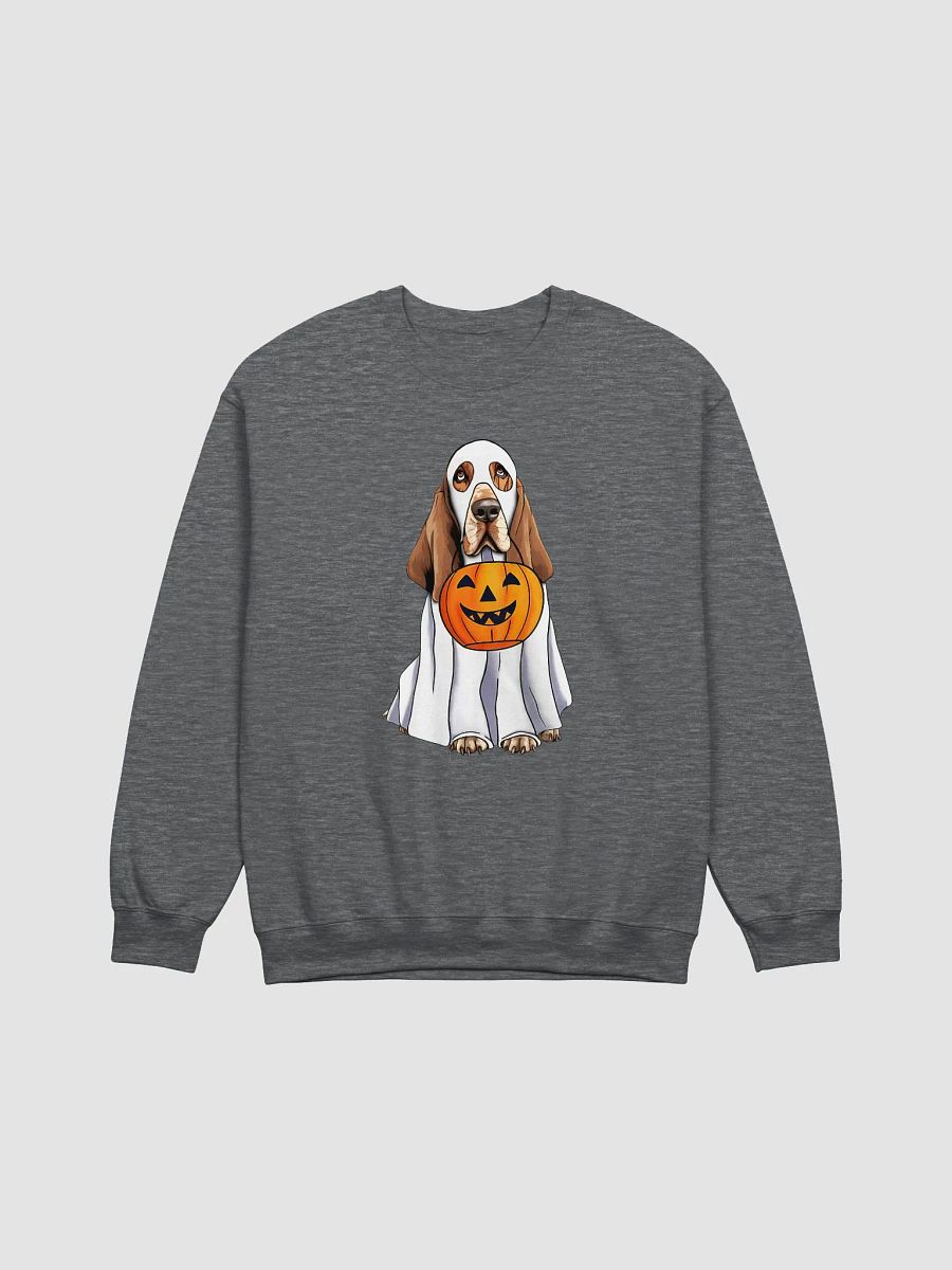 Basset Hound Halloween Sweatshirt | Funny Halloween Basset Hound Wearing Ghost Costume with Pumpkin Basket product image (7)