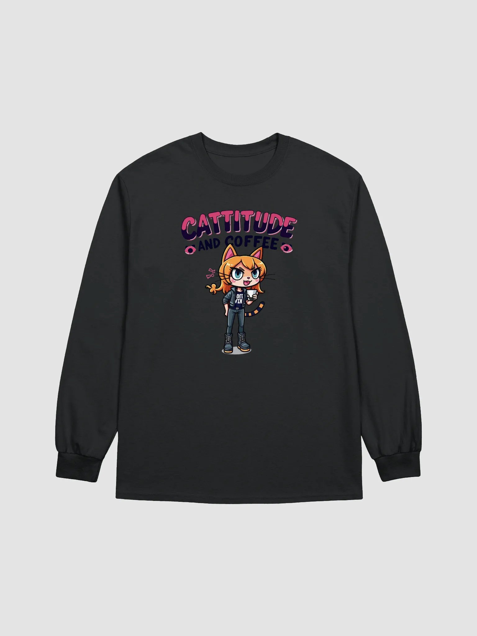 Cattitude and Coffee Cartoon Long Sleeve Tee product image (8)