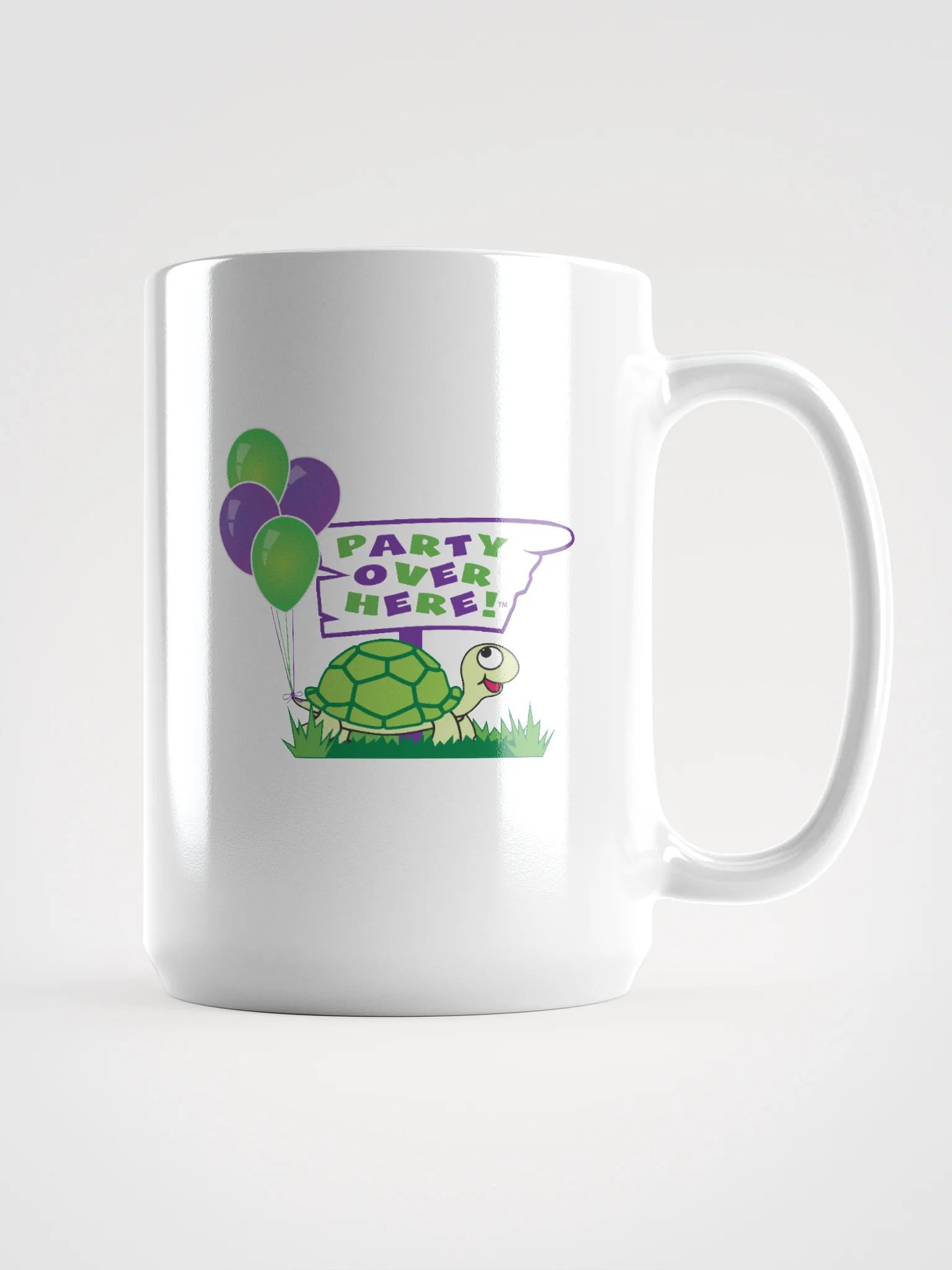 Party Over Here Supporter White Ceramic Mug, Turtle Mascot with balloons floating from tail product image (1)