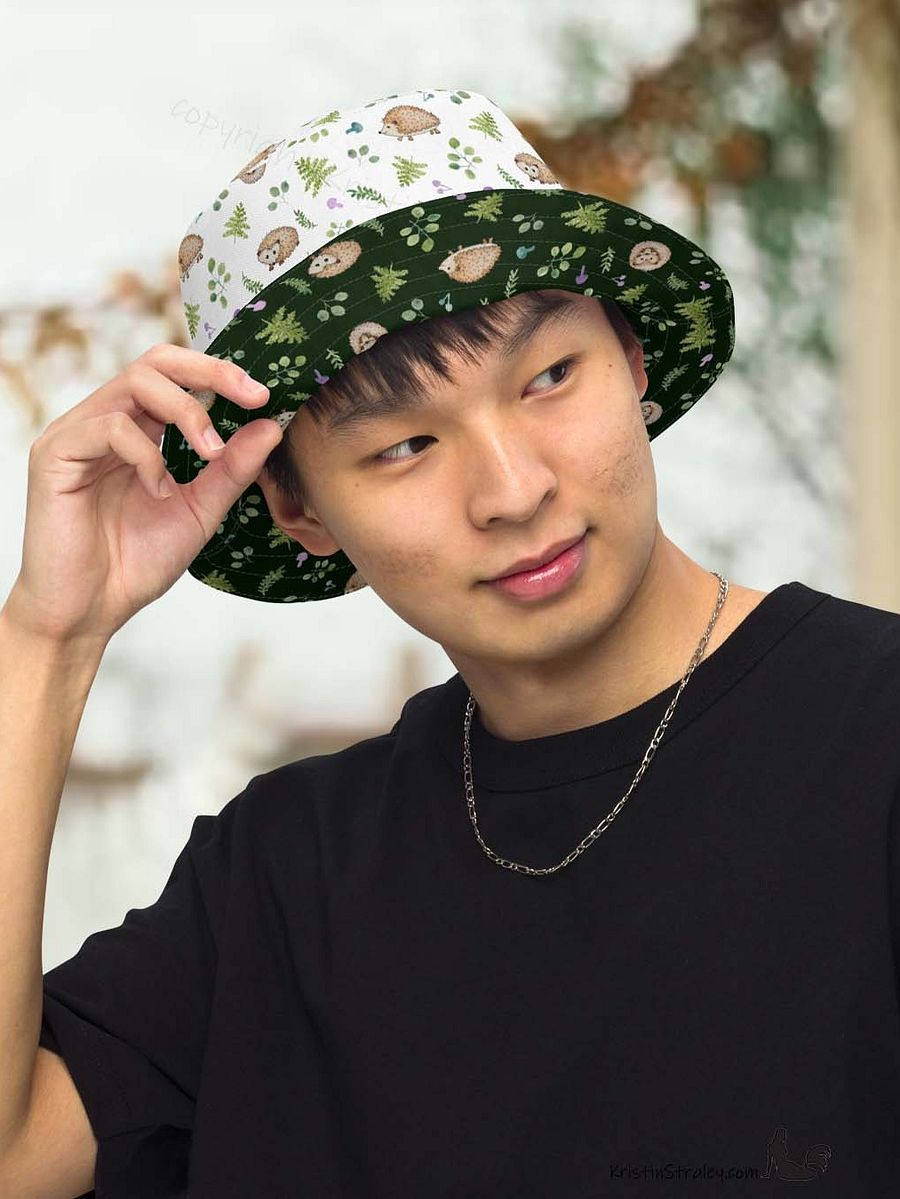 Hedgehogs Reversible Bucket Hat with Hedgehogs on White and Dark Green product image (3)