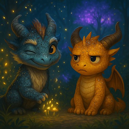 🌌✨ In a forest where fireflies dance and the trees whisper secrets, two little dragons sat beneath the glowing mushrooms...

...