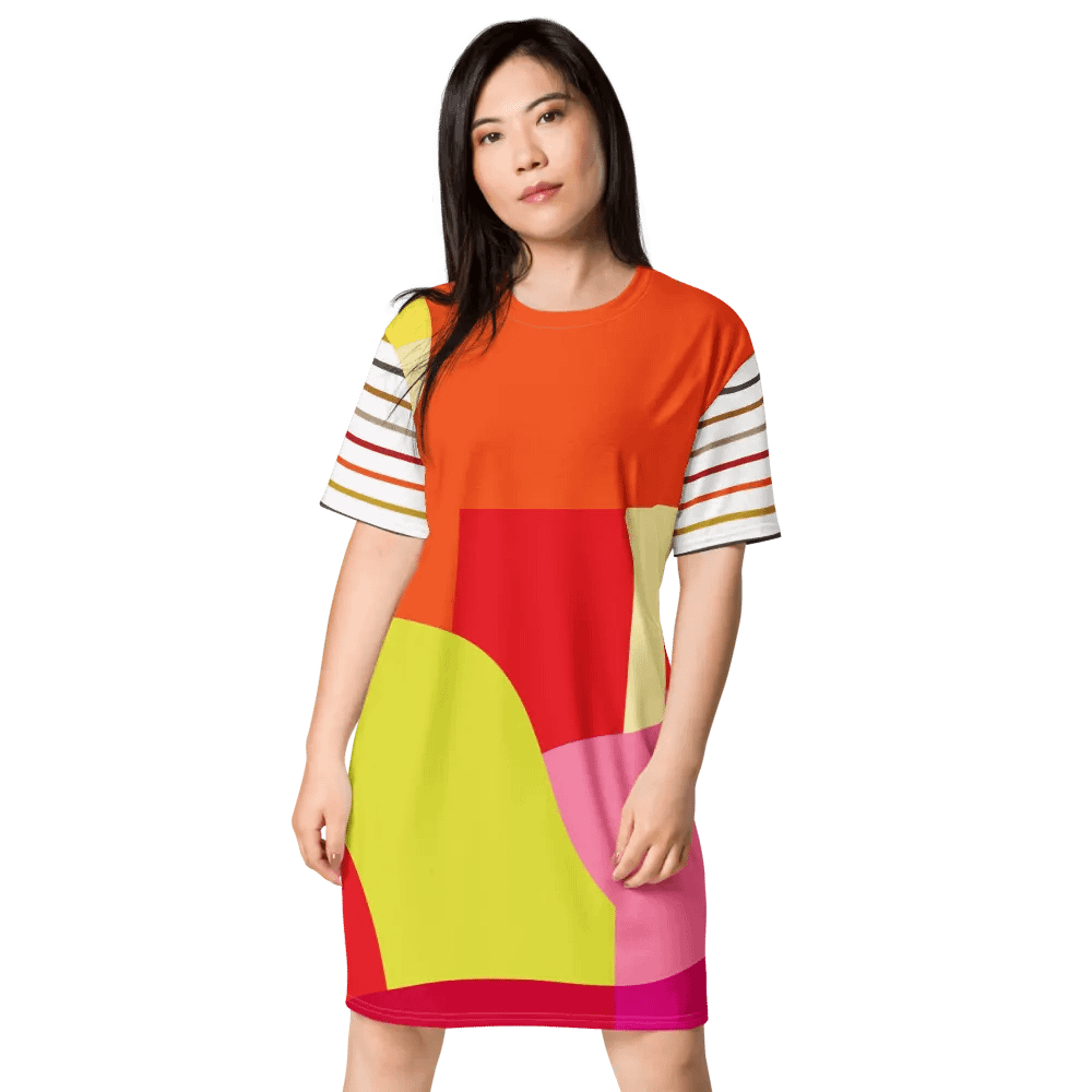 All-Over Orange/Yellow Geometric/Stripe T-Shirt Dress product image (3)