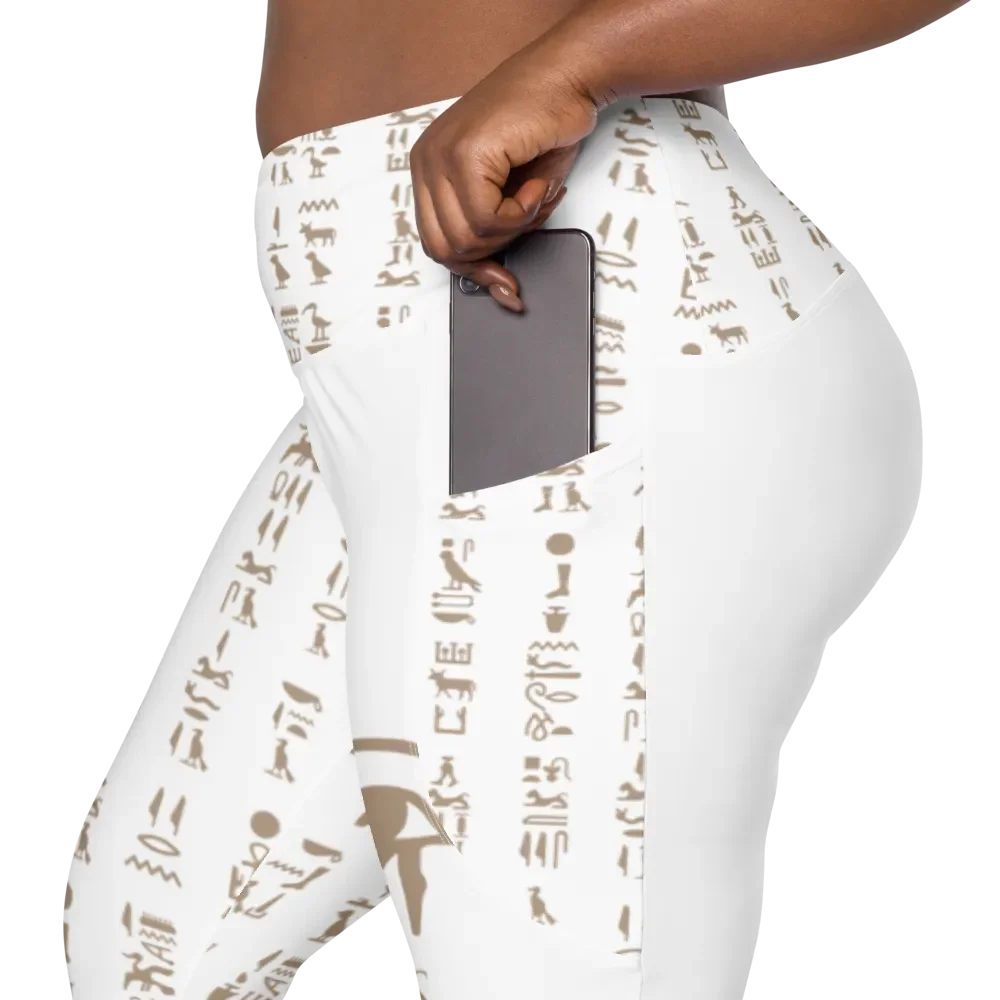 Nefertiti White Hieroglyphs All-Over Print Crossover Leggings with Pockets product image (7)