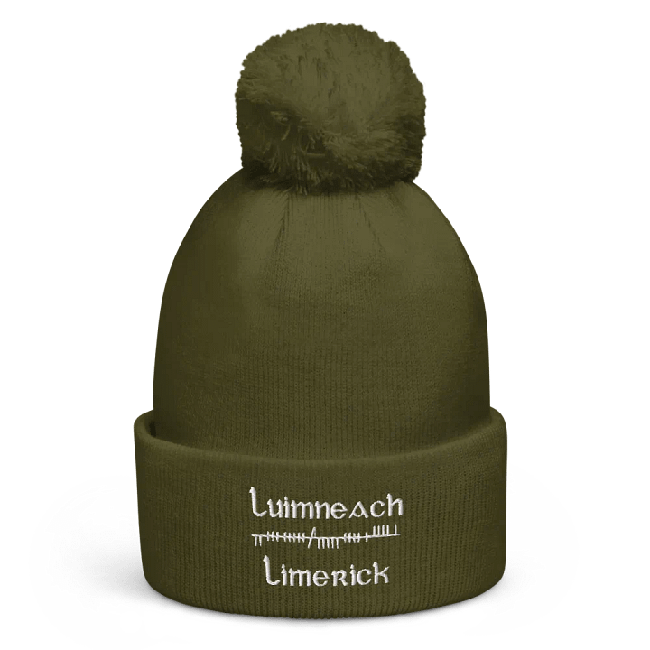 Limerick/Luimneach Orthodox style Ogham, green with white embroidered Pom-Pom Beanie product image (1)