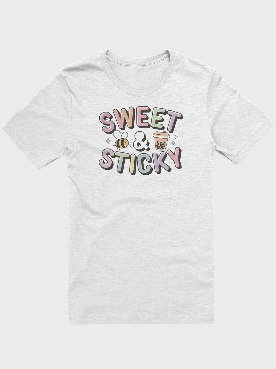 “Sweet & Sticky” t-shirt, bee and bubble tea graphic, motivational vibe clothing, adorable bee design, joyful outfit choice, unique graphic tee , bubble tea fan shirt, gift idea product image (1)