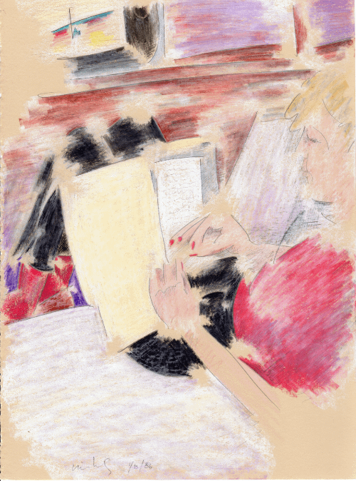 Sloy reading student papers 1.8.86 print product image (1)