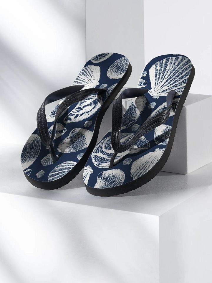 New England Tidal Treasures Flip Flops – Nautical White on Navy by Monique Faella Designs™ product image (1)