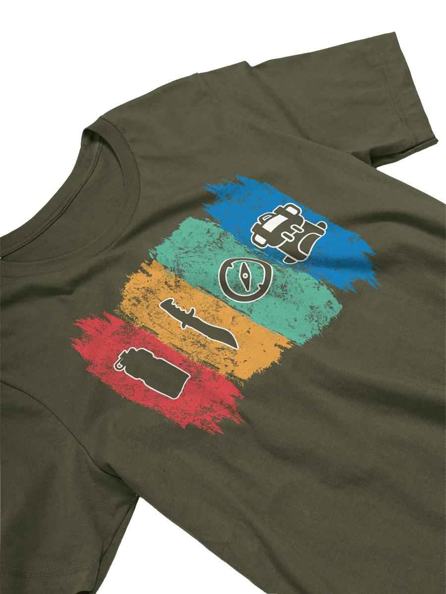 Modern Vintage Outdoor Adventure Icons T-Shirt - Water Bottle, Knife, Compass & Backpack, Nature Lover Gift, Wilderness Explorer Top product image (3)