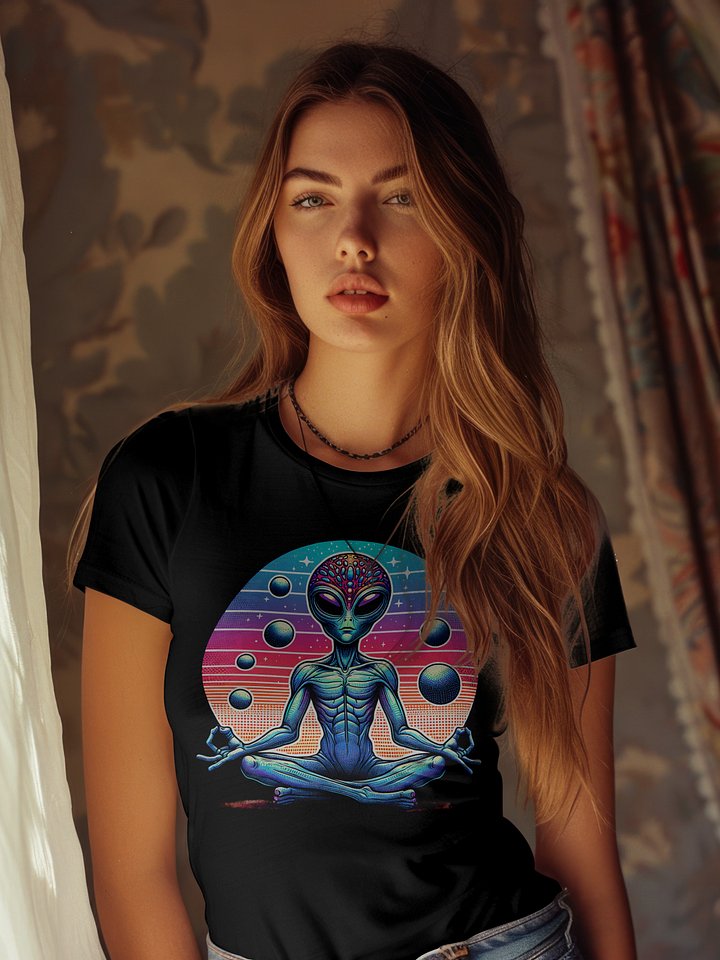 👽✨ Zen Alien Goddess T-Shirt – Meditating Extraterrestrial in Cosmic Colors | Boho Space Vibes Tee product image (2)