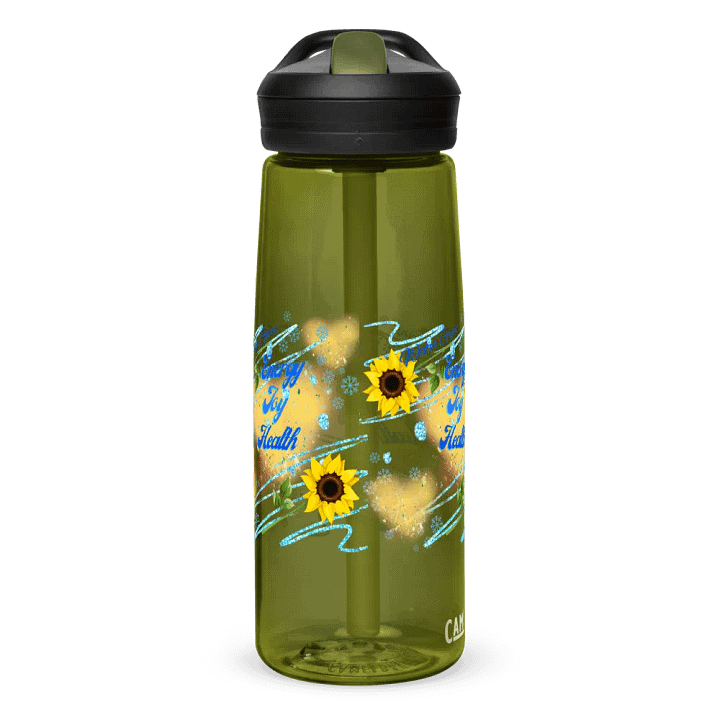 Camelback water bottle   with beautiful sunflowerr blue water drops  featuring ' This water gives Harmony in Body and Mind