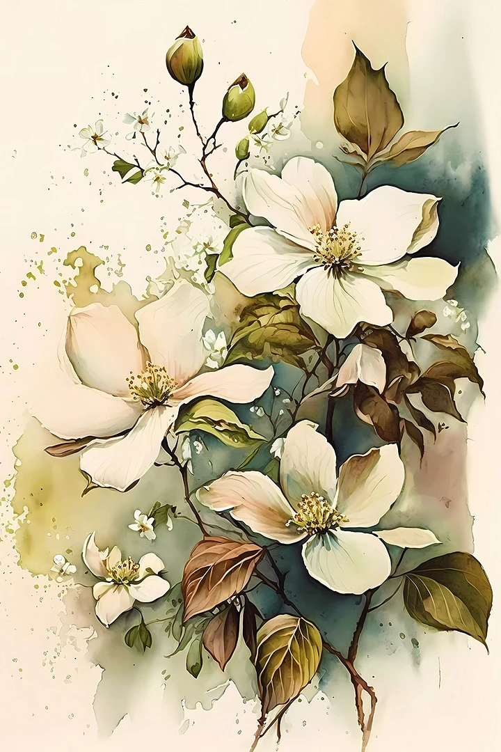 Vintage Watercolor White Flowers Poster: Tranquil Botanical Art for Elegant Home Interiors Matte Poster product image (1)
