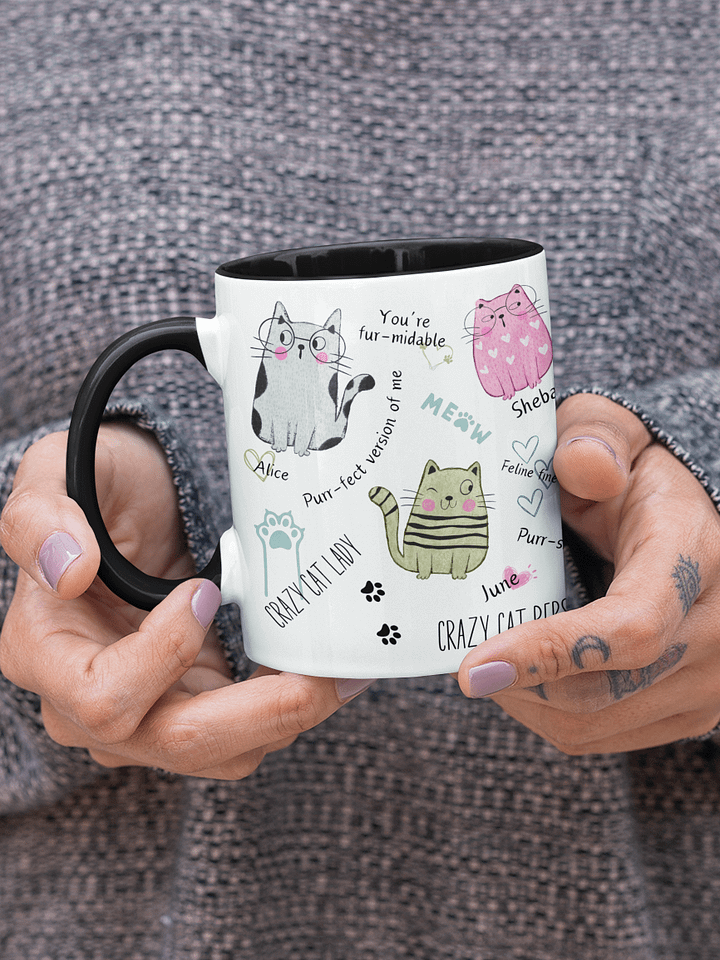 Hand-drawn ceramic cat coffee duo-tone mug with motivational quotes for a crazy cat lady product image (1)