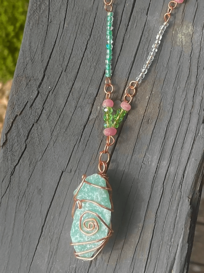 Raw Green Aventurine "Julie" Copper Wrapped Necklace Healing Stone Beaded Chain product image (1)