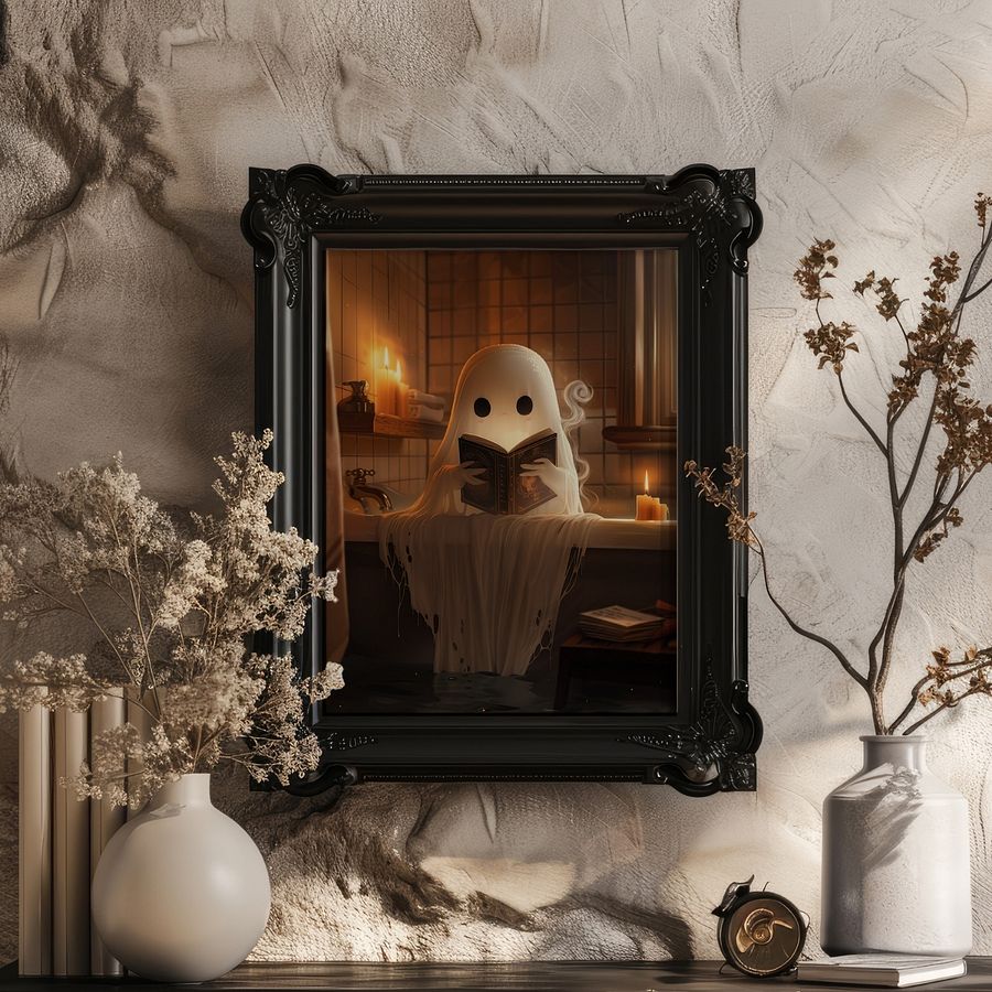 Cute Ghost Reading a Book in The Bathroom Halloween Art Print product image (20)