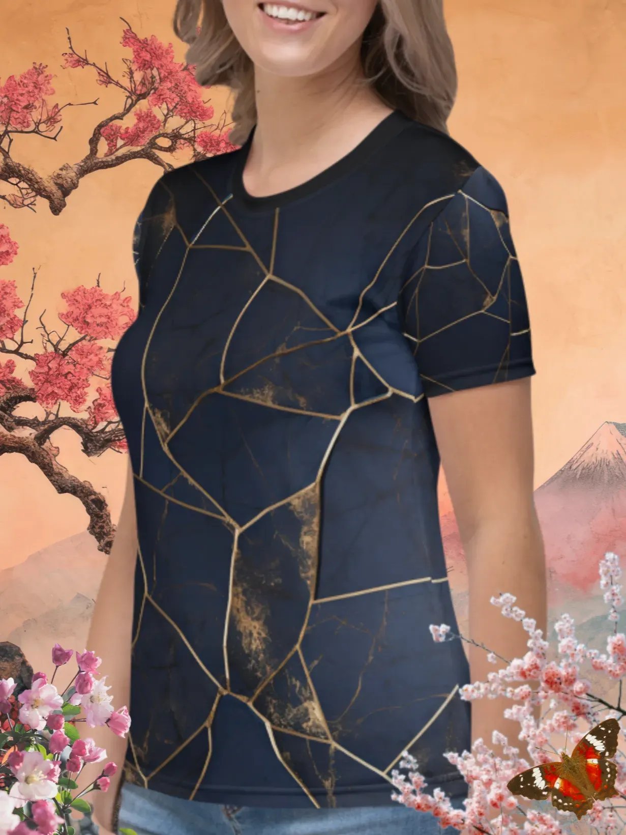 Dark Blue & Gold Kintsugi Print T-Shirt product image (2)