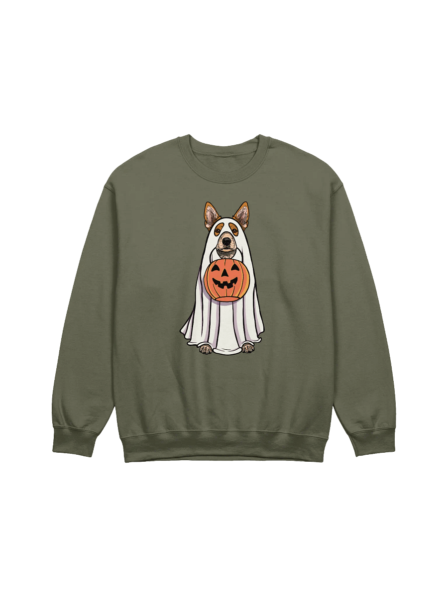 Funny Halloween Australian Cattle Dog(2) Sweatshirt | Funny Red Heeler Wearing a Ghost Costume and Holding a Pumpkin Basket product image (17)