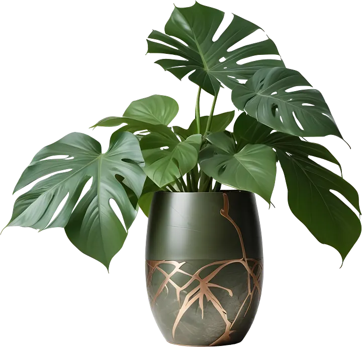 Zen Monstera – Elegant Green Kintsugi Vase with Monstera Leaves PNG product image (1)