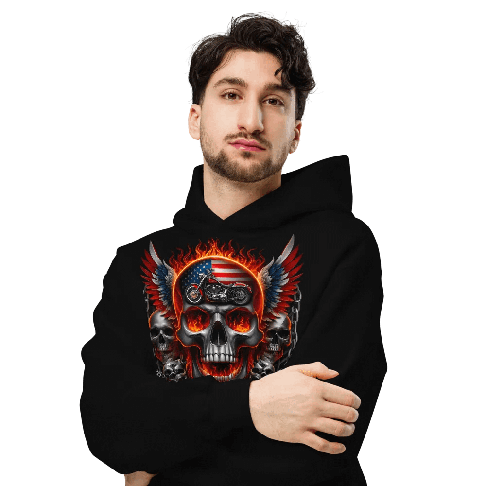Flaming Skull American Flag Motorcycle Hoodie #26 product image (6)