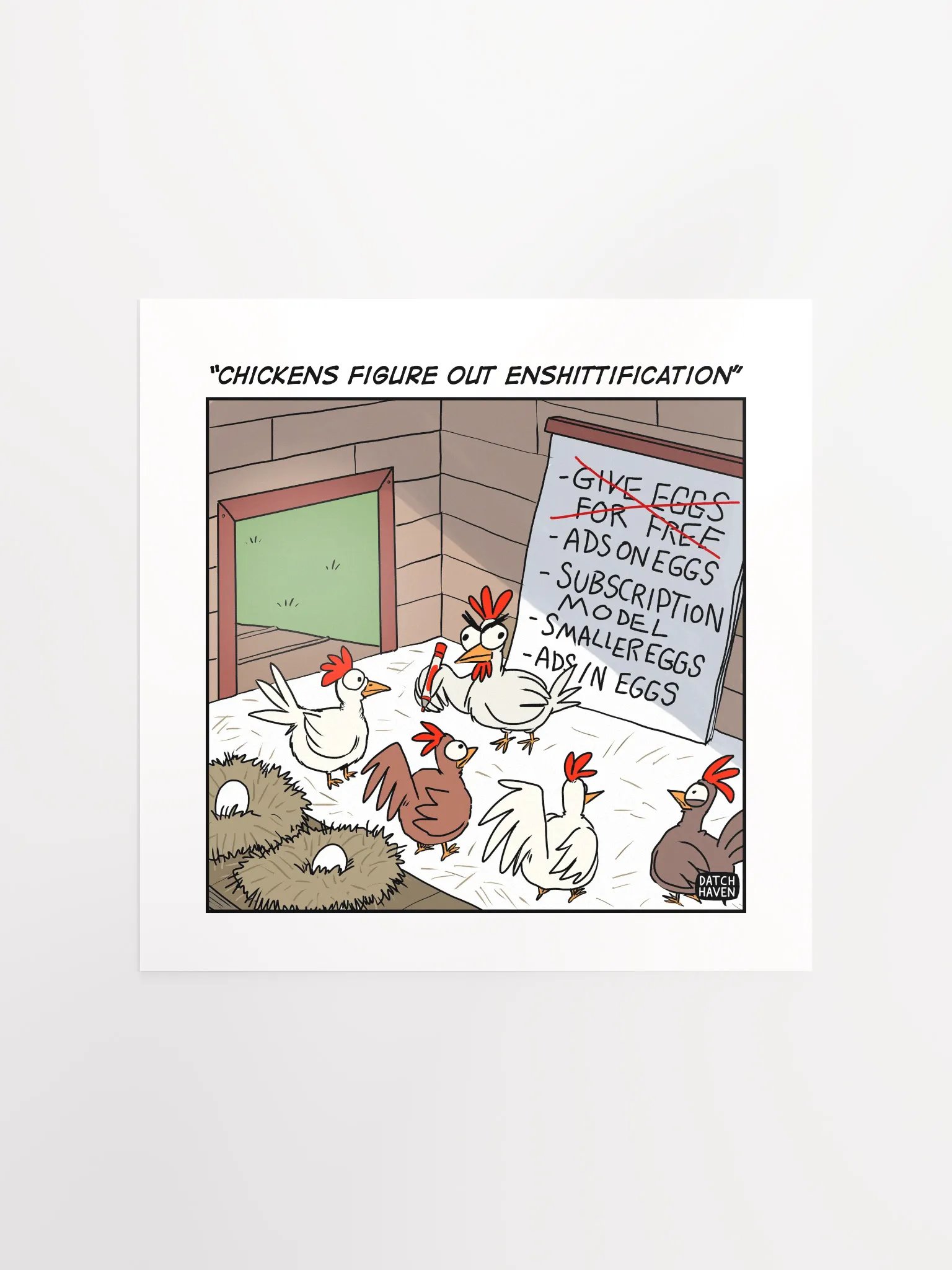"Chickens figure out enshittification" poster (10″×10″) product image (1)