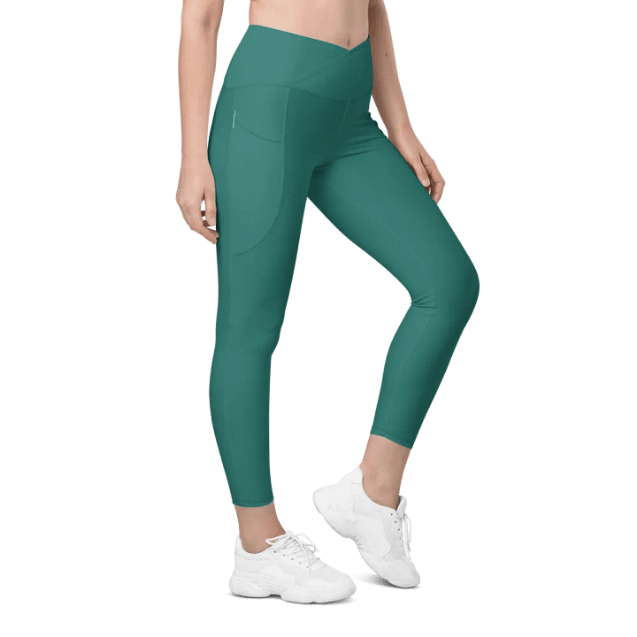 Plain Medium Teal Green True Summer Women's High Waisted Premium Crossover Leggings with Pockets by Treasure Pie product image (1)