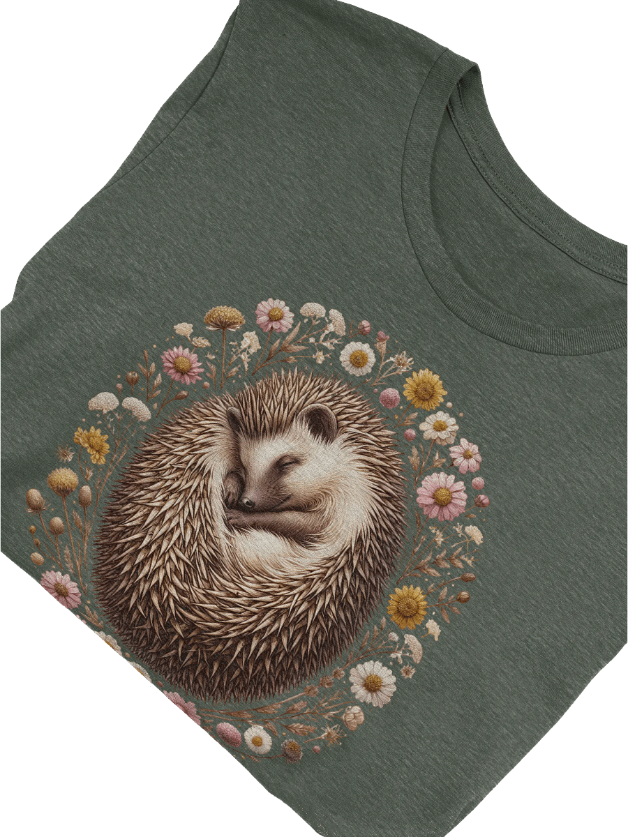 Sleeping Hedgehog T-Shirt, Cute Woodland Animal Tee, Floral Hedgehog Nature Shirt, Wildlife Lover Gift, Cozy Forest-Inspired Unisex T-shirt product image (2)