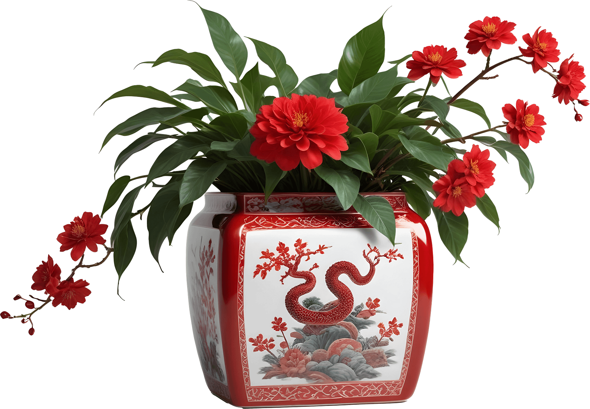 Chinese Red Porcelain Planter – Year of the Serpent Décor PNG product image (1)