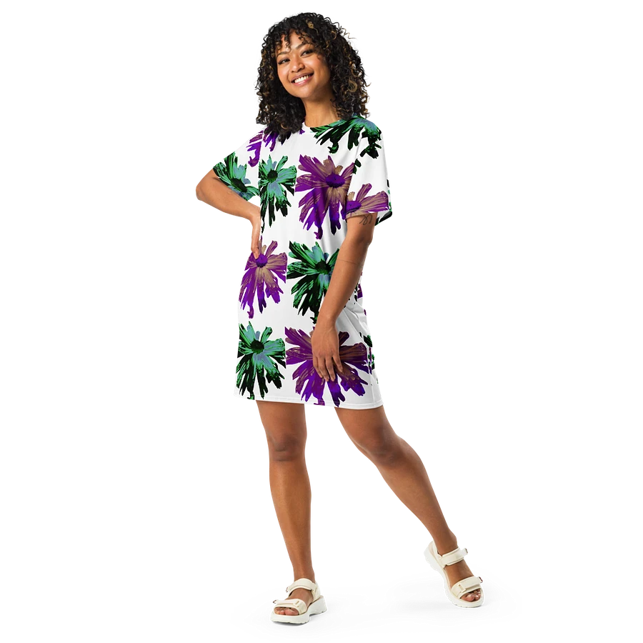 Abstract Green and Hibiscus Daises Ladies T Shirt Dress product image (9)