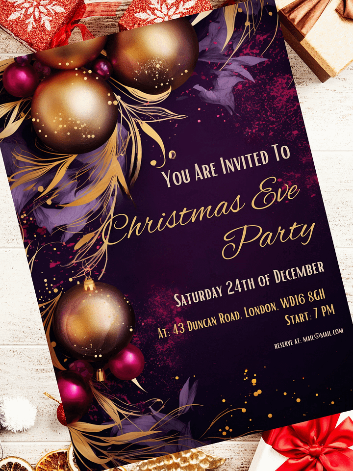 Stunning Purple and Gold Christmas Party Invitation | Editable in Canva | Christmas Party Printable | Holiday Invitation Template | Canva product image (1)