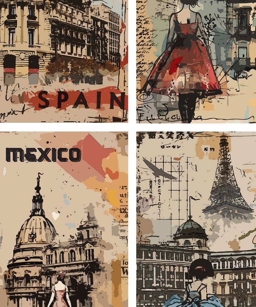 Vintage Style Junk Journal Travel Poster Cards Set - Artistic Illustrations of Global Destinations Scrapbook Decoupage product image (4)