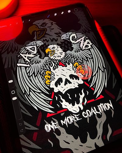 a powerful eagle with wings fully spread created for a Client, gripping a flaming skull at its core. Bold lines and sharp det...