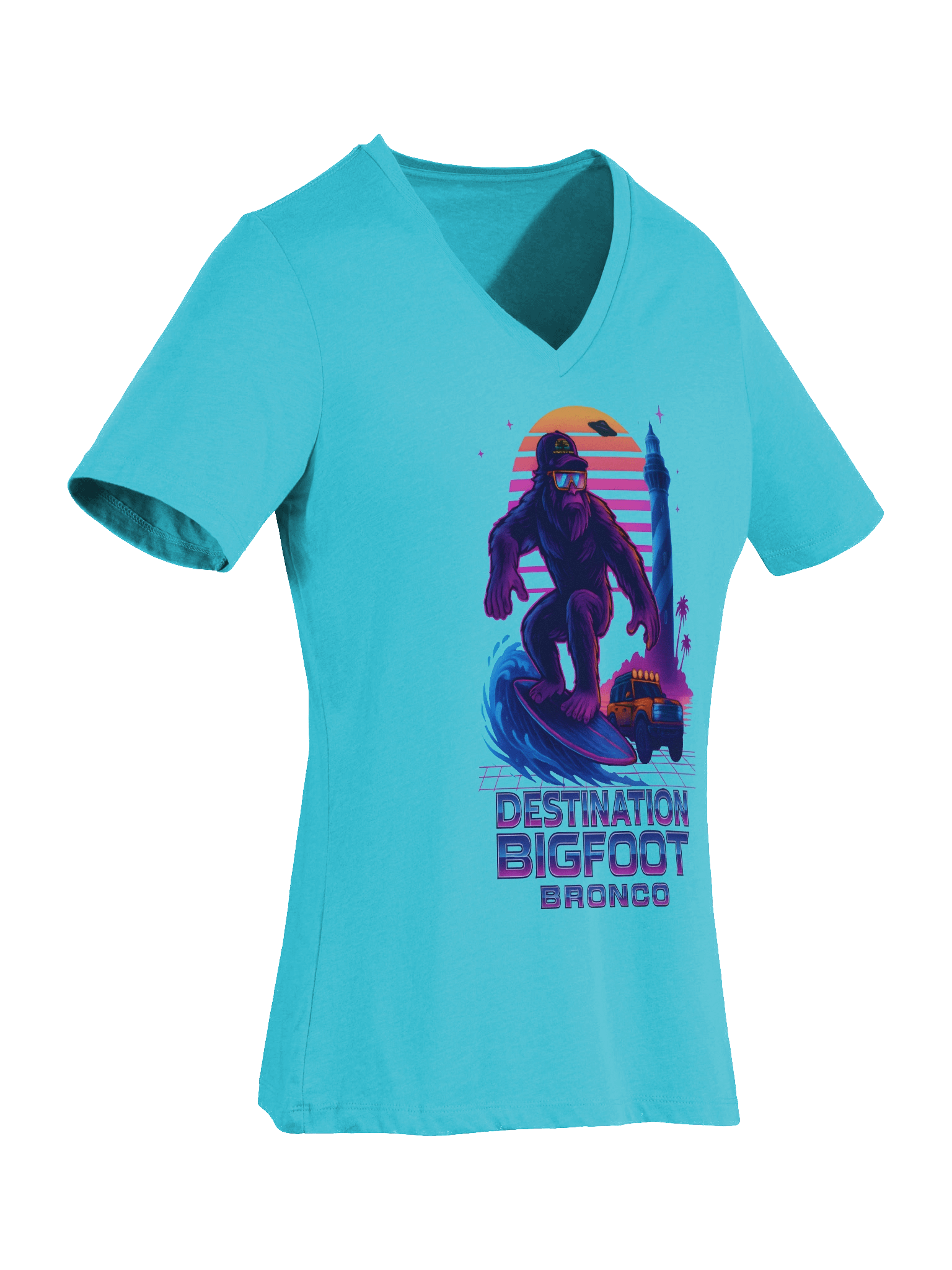 Destination Bigfoot Bronco Synthwave Bella+Canvas Women's Relaxed V-Neck T-Shirt (Multiple Colors Available) product image (73)
