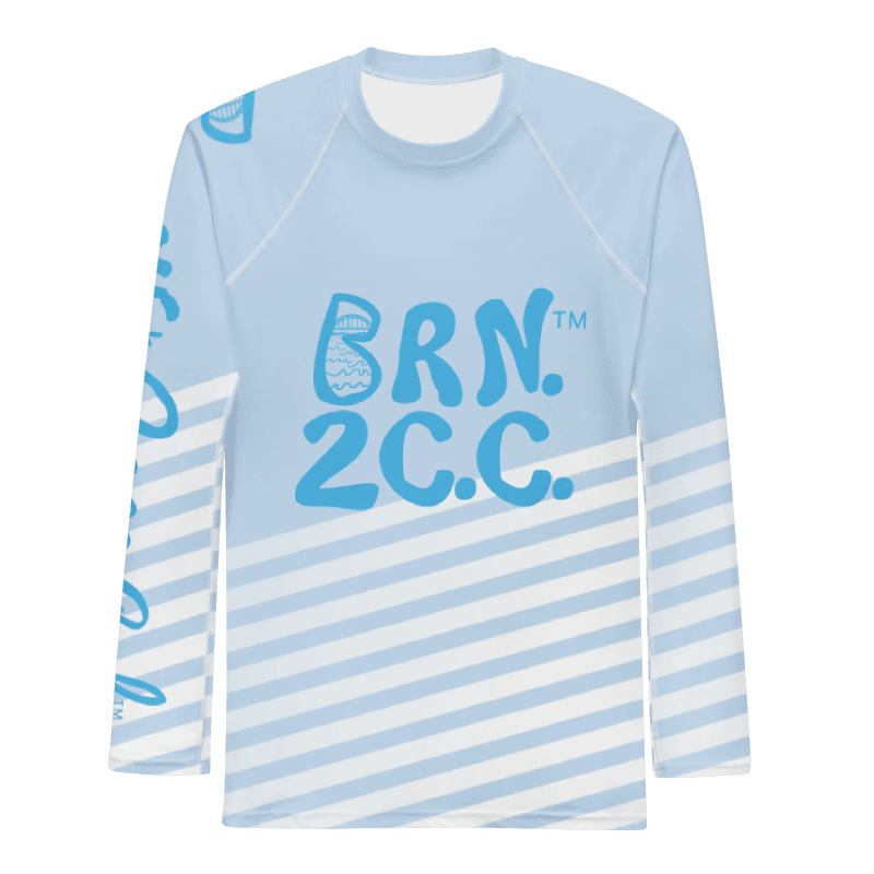 BRN.2C.C.™ /BOURNE to Cape Cod™ | Men’s Long Sleeve Rash Guard | UPF 50+ Active Coastal Shirt | Sky Blue Logos on Skyline Stirpes product image (7)