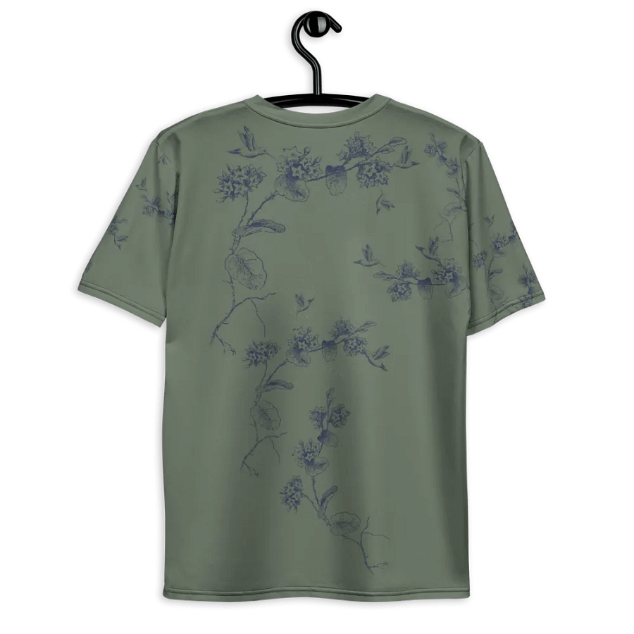 olive green all  over printed unisex T shirt with humming bird design. Outdoors vibe ideal for the person who enjoys birding. product image (8)