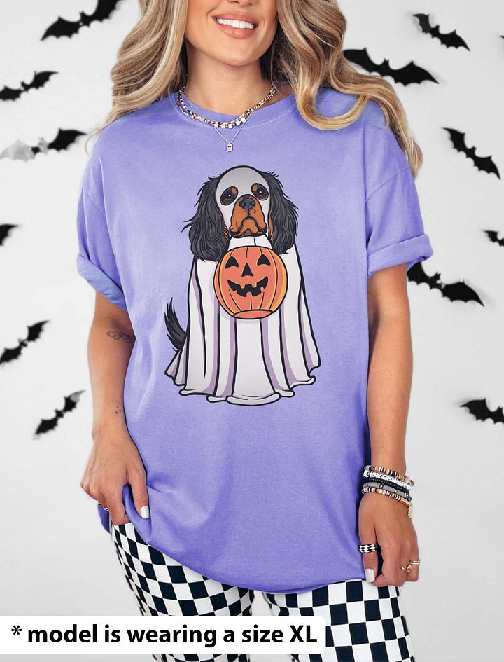 Funny Halloween Cavalier King Charles Spaniel(Black & Tan) T-Shirt | Funny Cavalier Wearing a Ghost Costume and Holding a Pumpkin Basket product image (20)