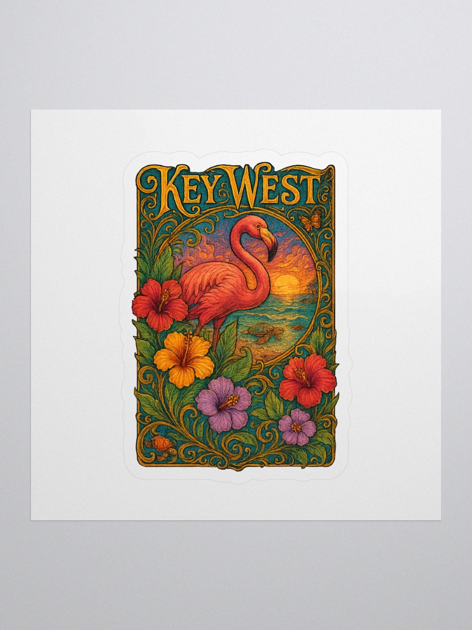 Kiss-Cut Key West Tropical Sticker with Flamingo and Hibiscus product image (1)