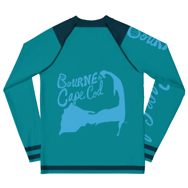 YOUTH | Rash Guard | BRN.2C.C.™ Front Graphic | BOURNE to Cape Cod™ Sleeve & Back Logo | Coastal Swim Shirt for Kids | UV Protection Activewear | Blue Logo on Blue Stripes product image (2)