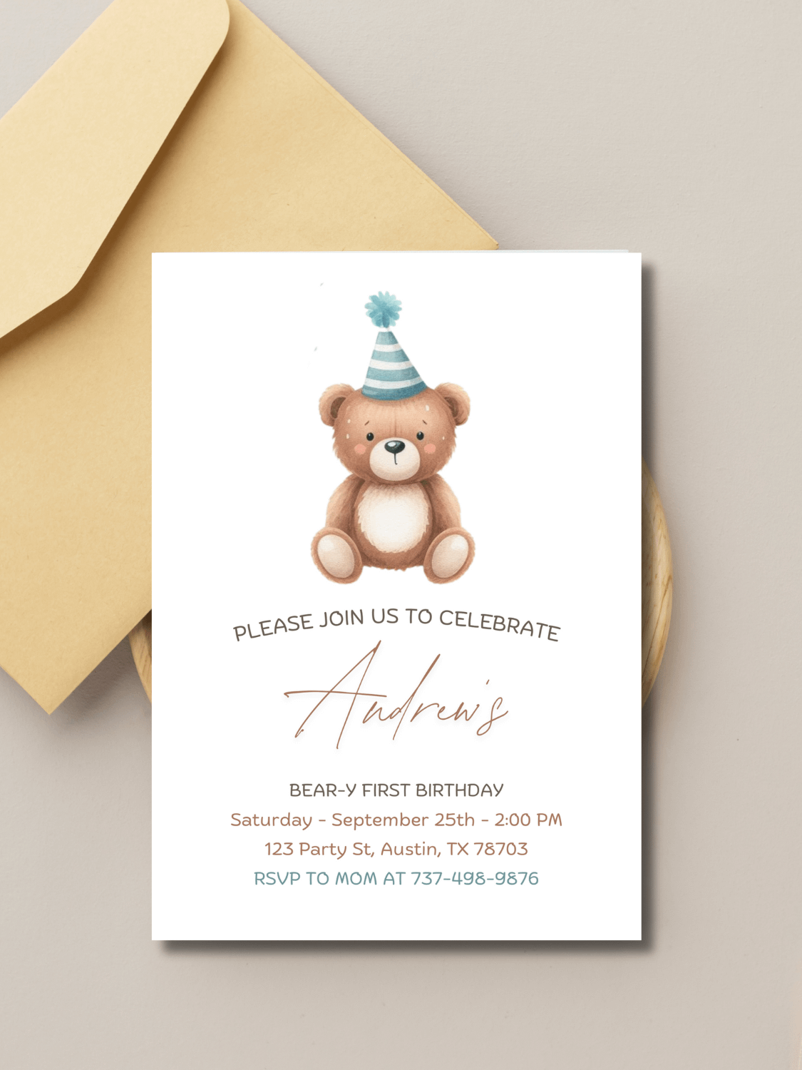 Beary First Birthday Invitation – Editable Greenery Bear Theme Canva Template, Instant Download product image (3)