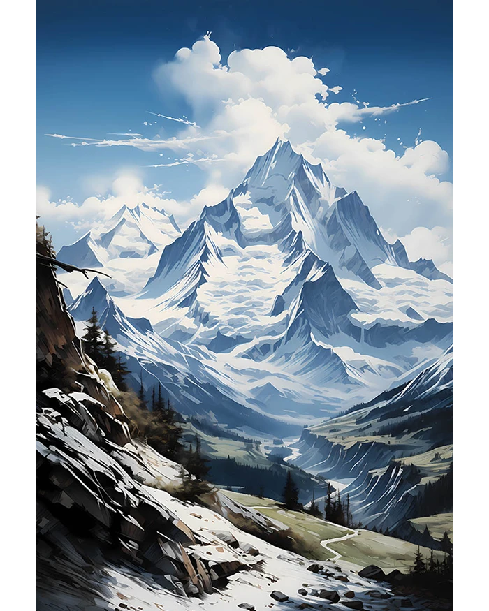 Snow-Clad Mountain Peaks with Cloudy Blue Sky Matte Poster product image (1)