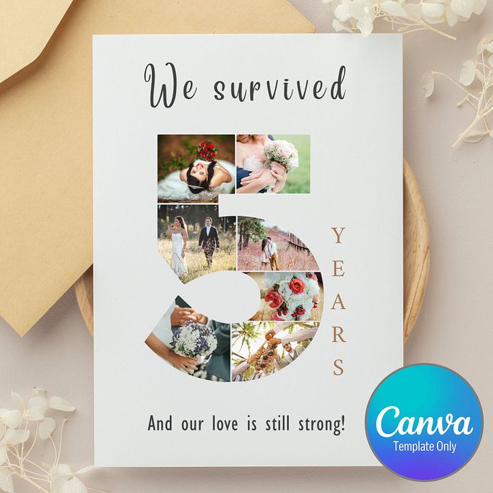 5 Year Anniversary Photo Card Editable Canva Template product image (1)