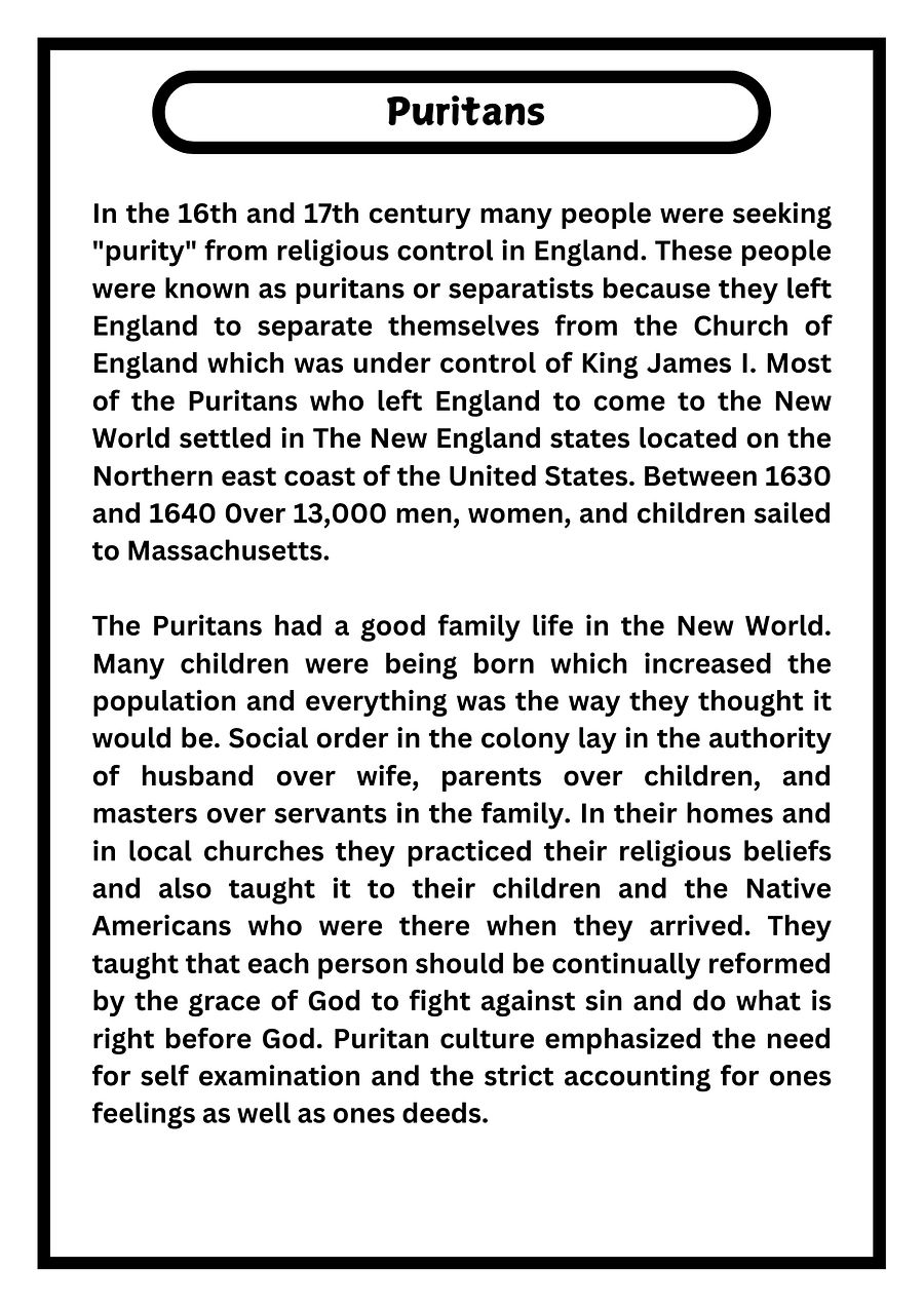 Puritans READING COMPREHENSION PASSAGE AND QUESTIONS | PRINTABLE PDF product image (2)