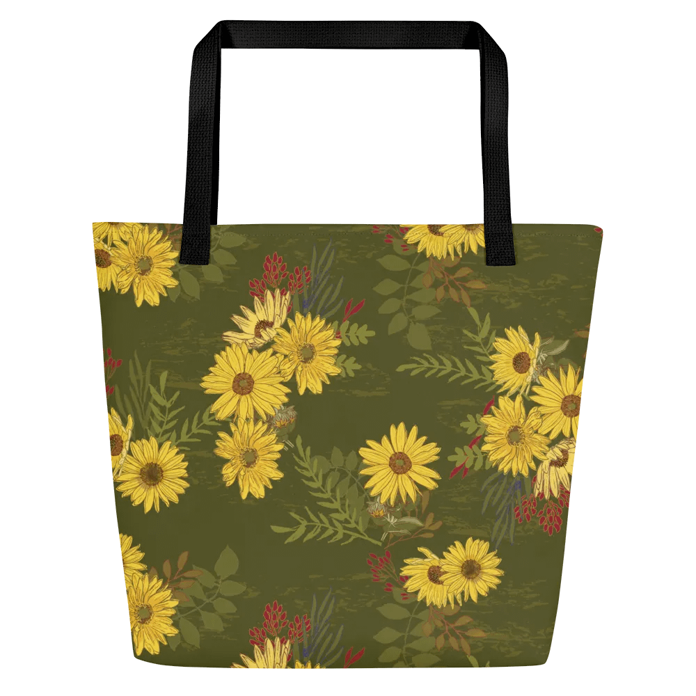 “Helianthus Sunflower Scattered Amongst the Greens” Large Tote Bag product image (4)
