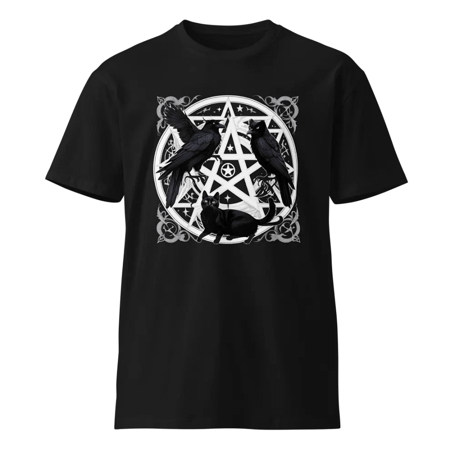 Mystical Goth Raven and Cat with Pentagram T-Shirt product image (1)