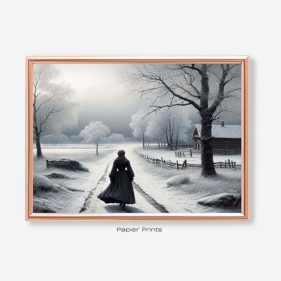 Winter's Serenity: Vintage Oil Painting of Woman Walking in Forest product image (1)