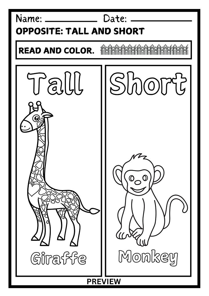 Opposites Worksheet Tall and Short Black and White – Fun Read and Color Activity PDF product image (1)