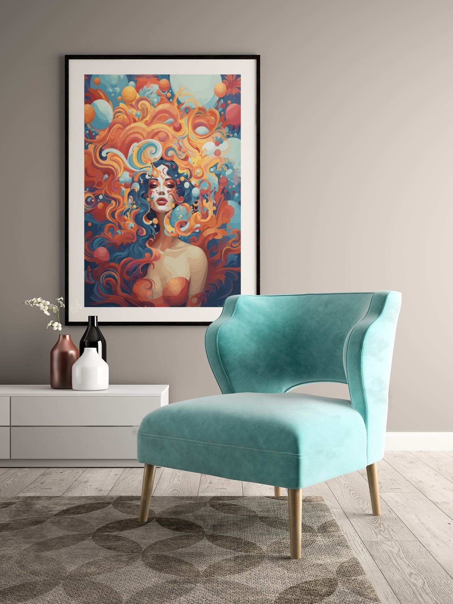 Fiery Autumn Goddess Art Poster, Vivid Orange and Blue Fantasy Woman, Whimsical Surreal Portrait for Enchanting Home Decor product image (4)