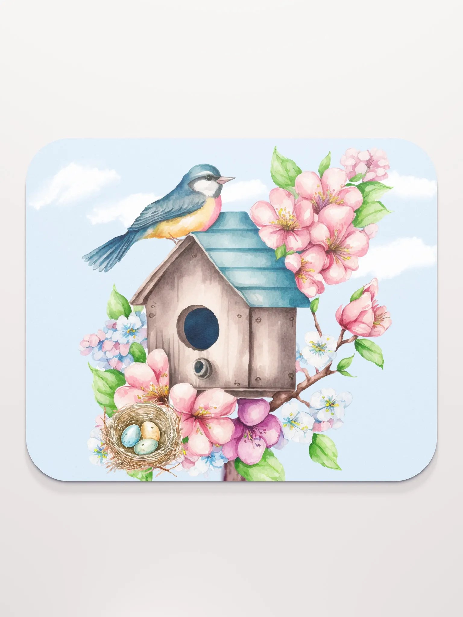 Blue Bird in a Pink Dogwood Tree Mousepad product image (2)