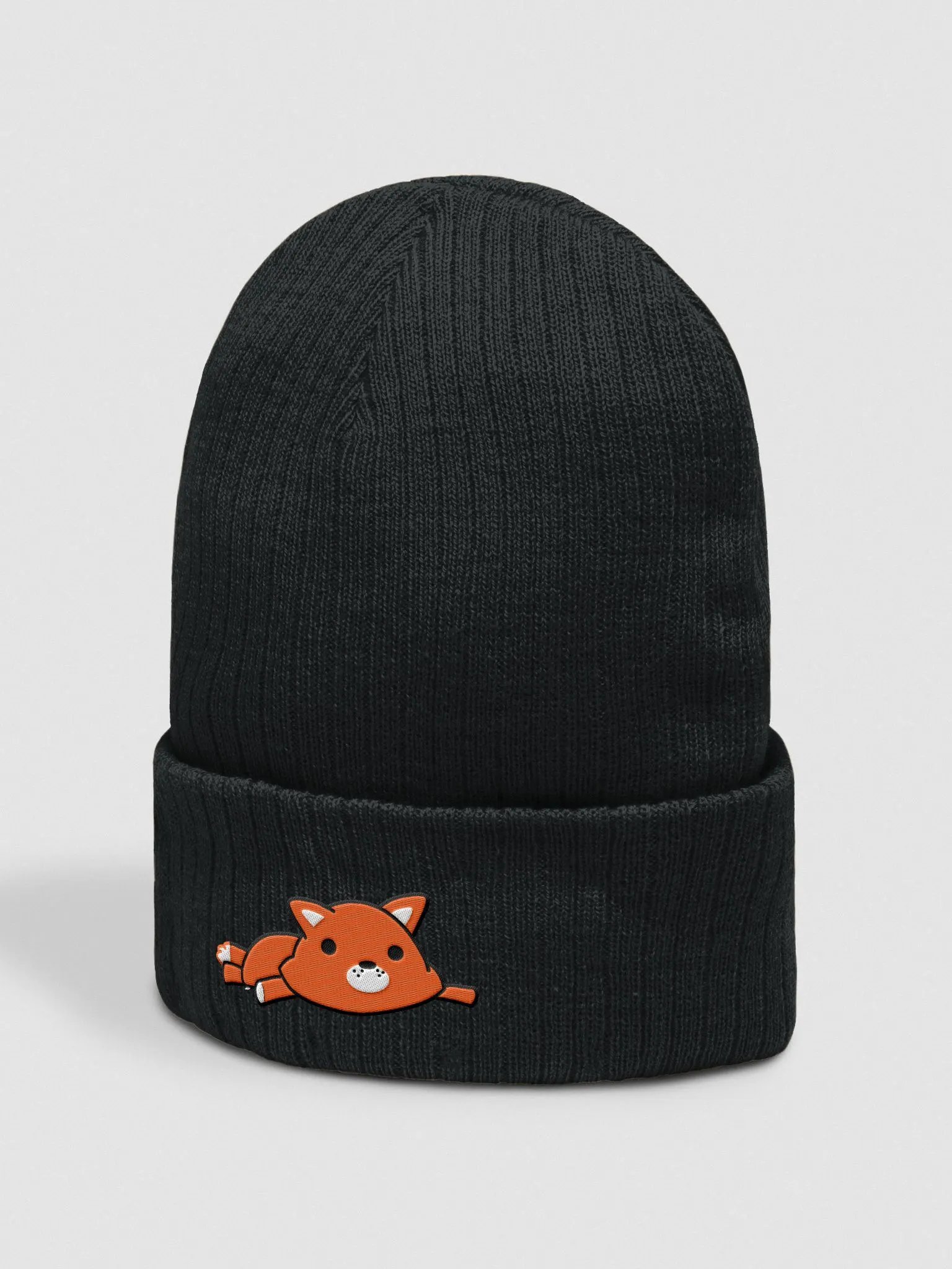 Embroidered Fox Plush Ribbed Knit Beanie (Black Outline) product image (2)